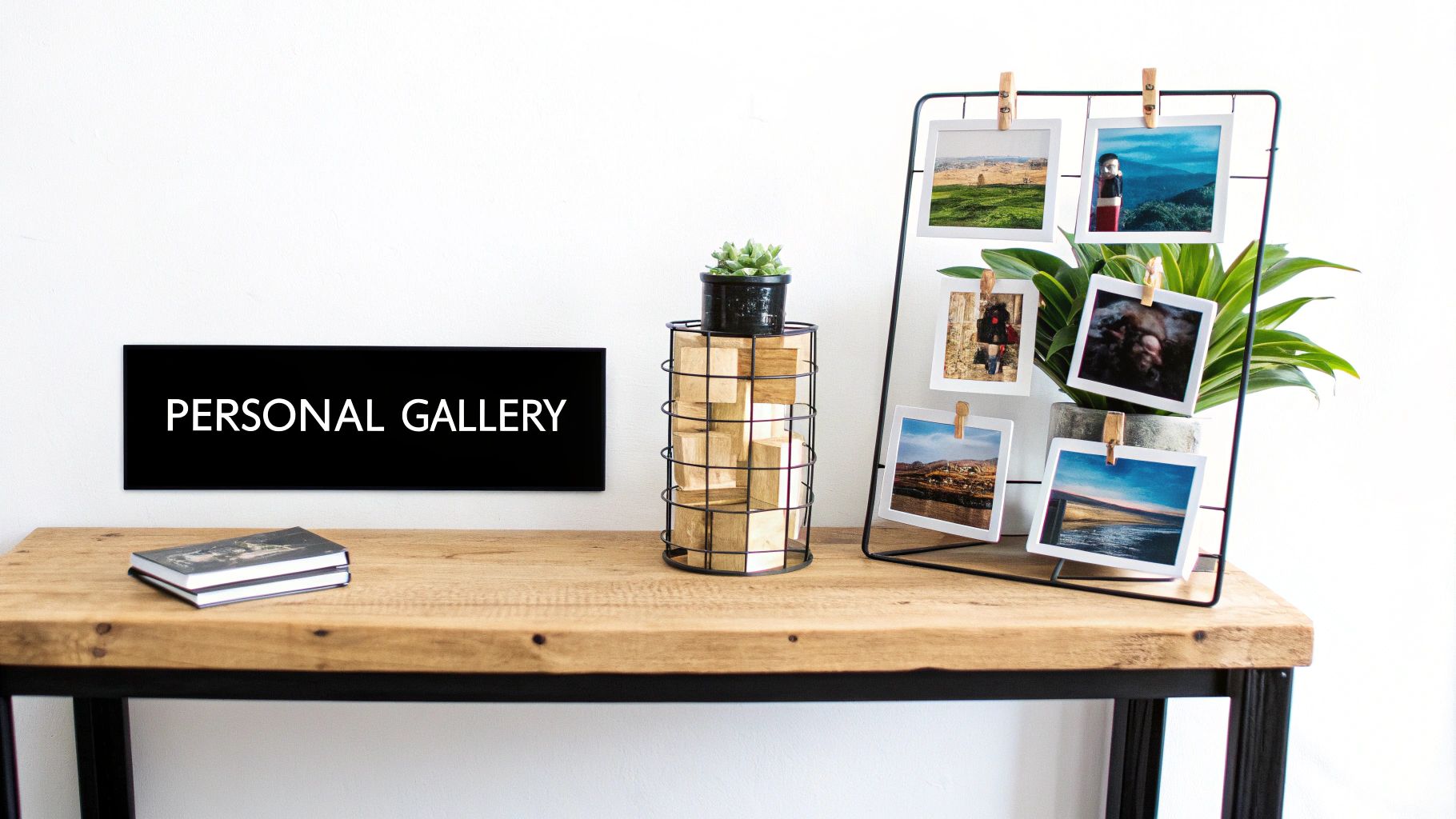 A wooden desk features a 'Personal Gallery' sign, books, a succulent, and several displayed photos.