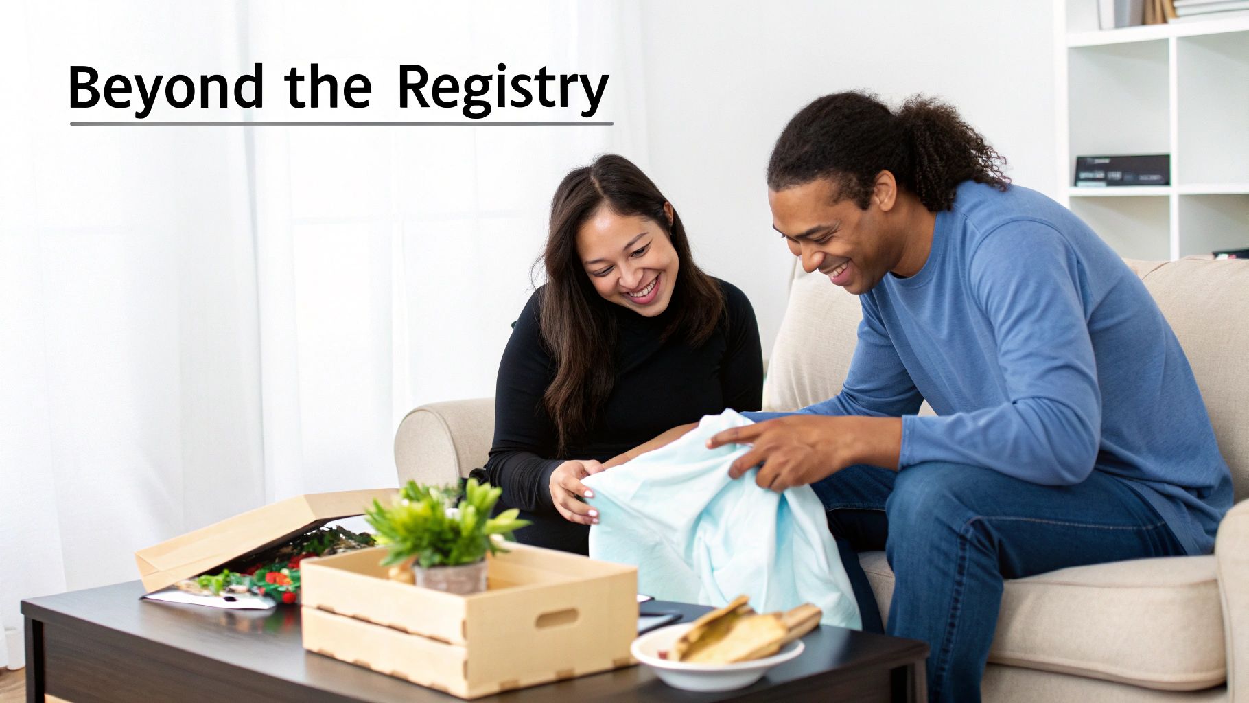 A happy couple smiles while opening wedding gifts on a coffee table, holding a light blue item.