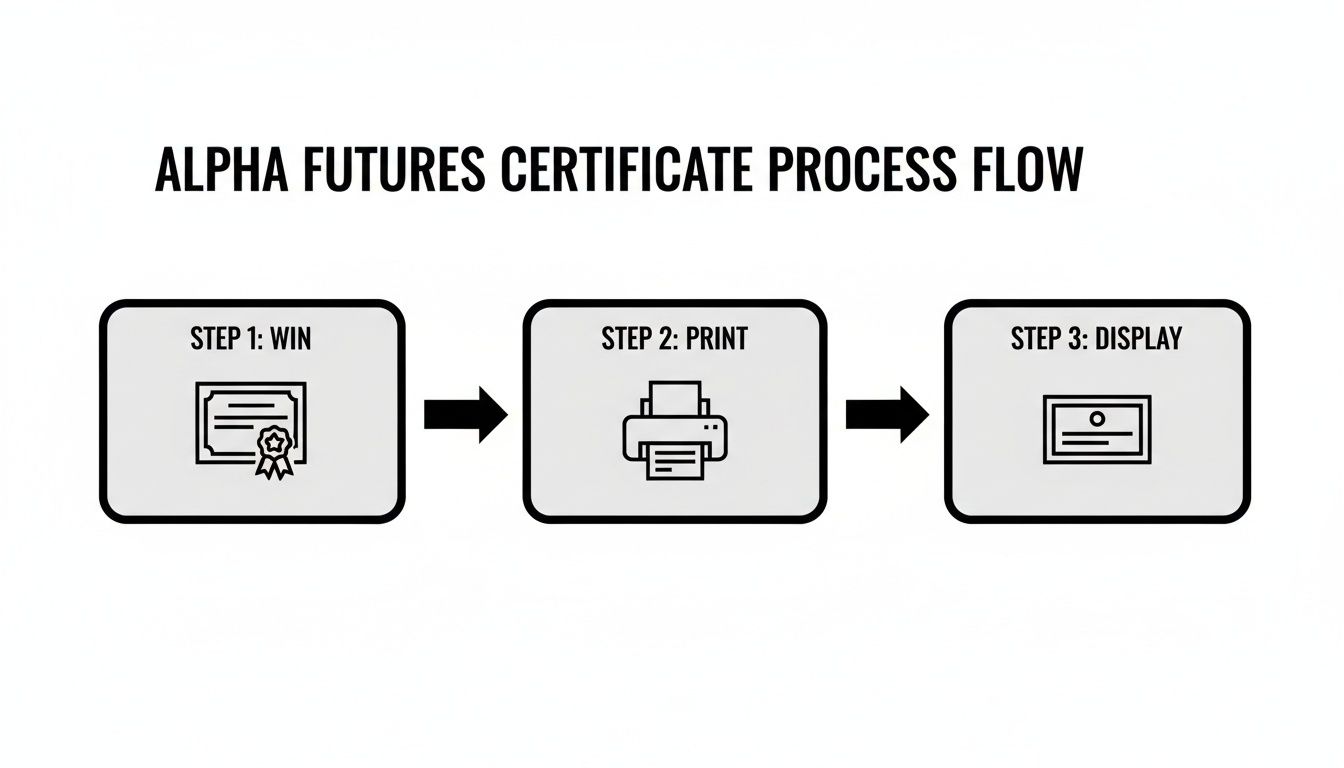 A three-step process flow for Alpha Futures Certificate showing win, print, and display stages.