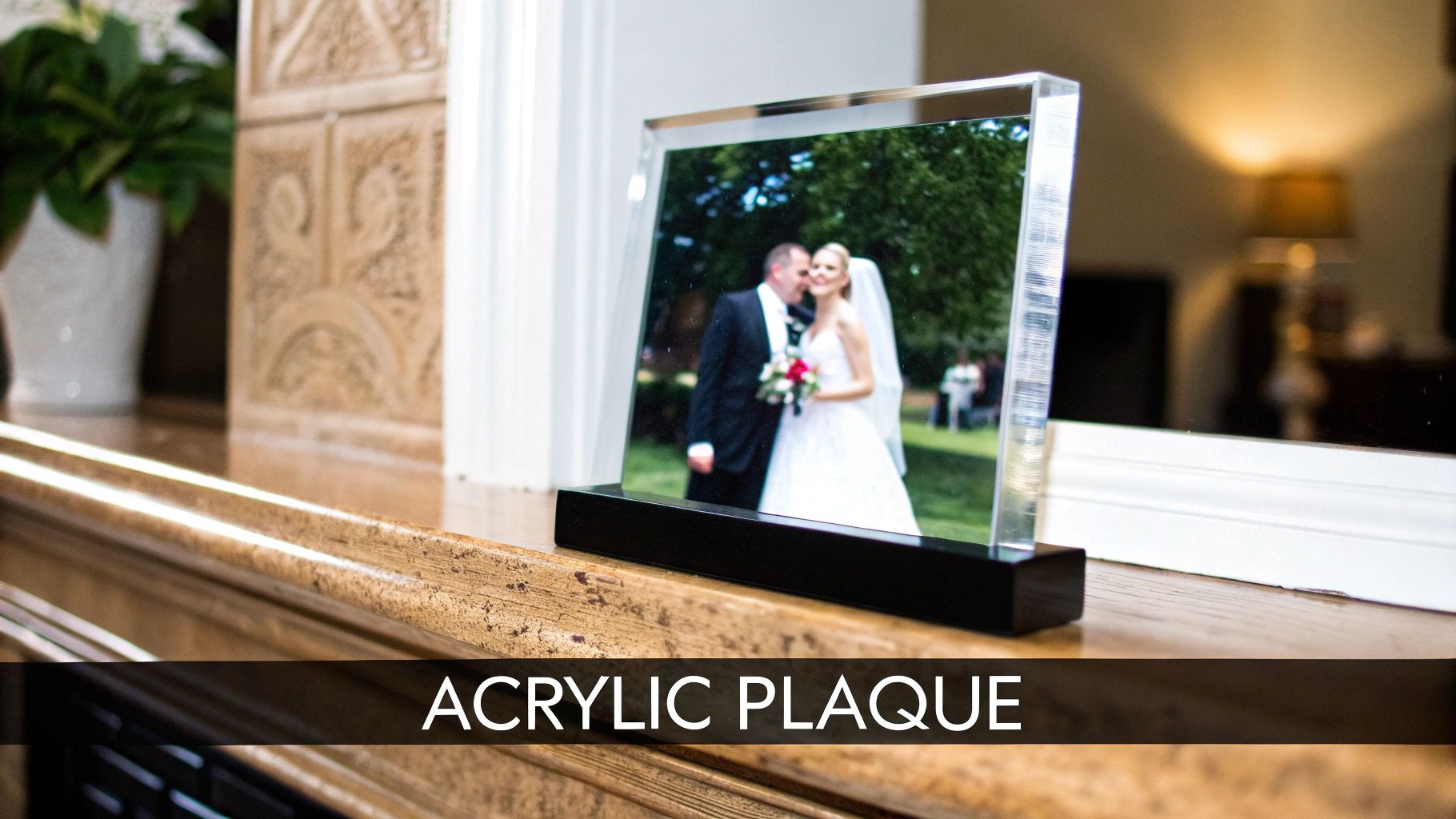 A personalized acrylic plaque displays a wedding photo of a happy couple on a wooden surface.