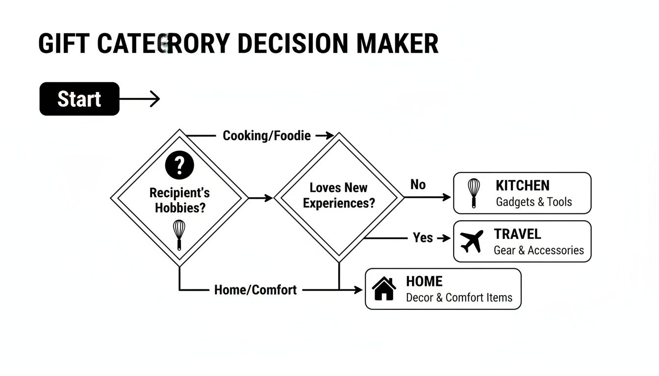 Flowchart for gift category decision maker, guiding choices based on recipient's hobbies and new experiences.