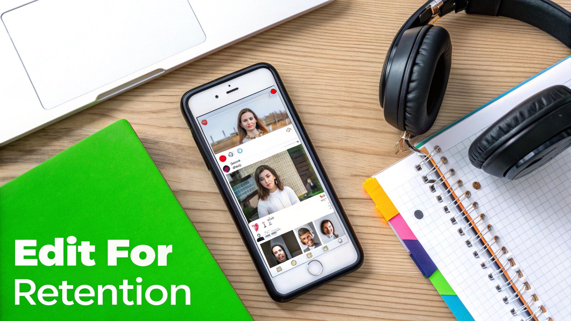 A flat lay of a modern workspace featuring a laptop, smartphone with social media feed, headphones, and notebooks.