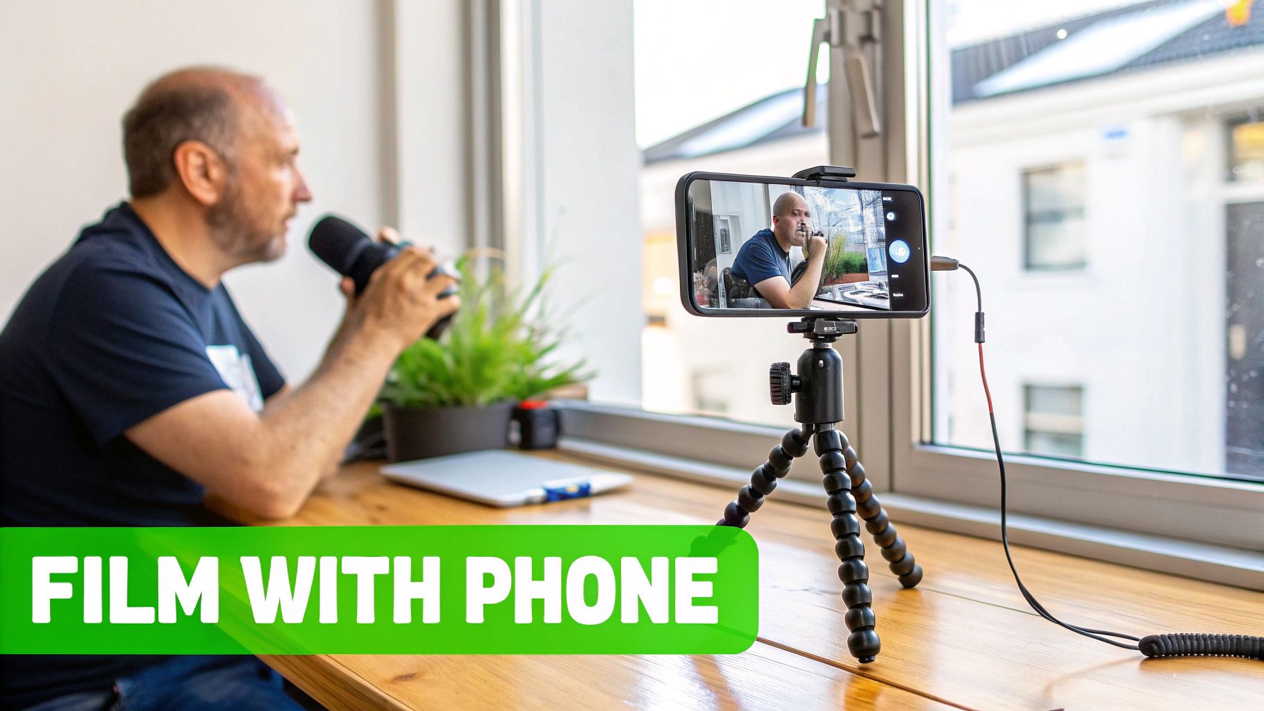 A man creating content, recording a video of himself with a smartphone on a tripod and professional microphone.