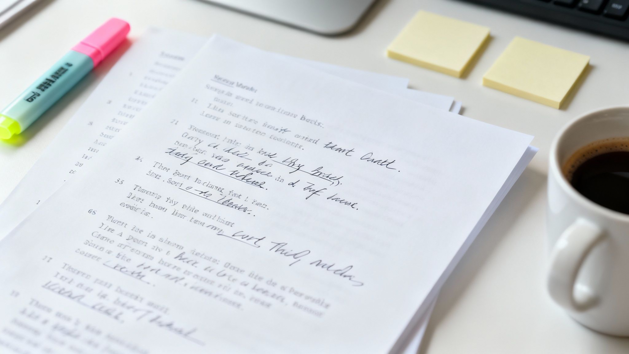 Desk with handwritten script, pink highlighter, coffee mug, and yellow sticky notes.