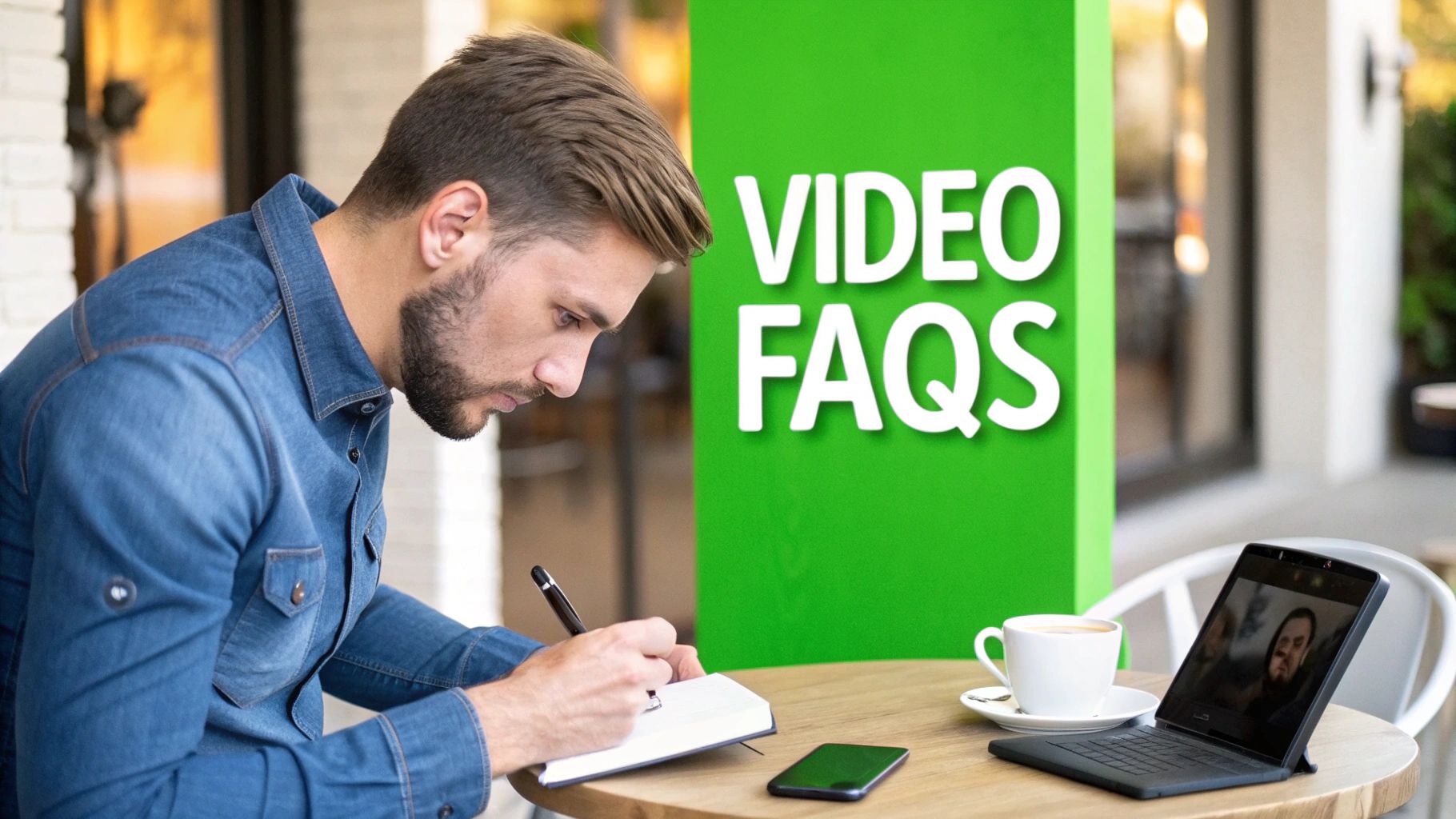 Focused man writing notes at an outdoor cafe with a laptop, coffee, and 'VIDEO FAQS' sign.