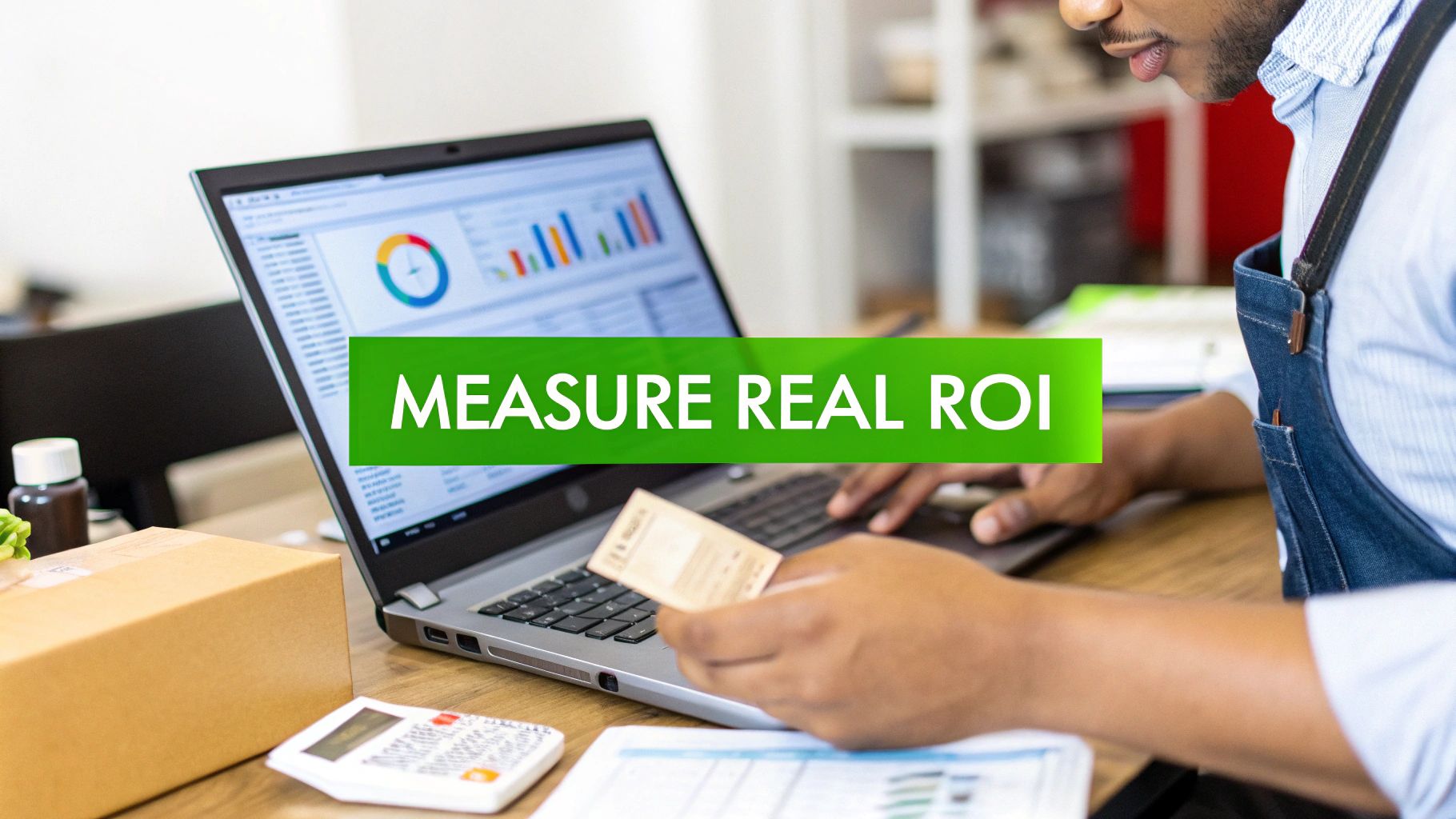 A person uses a laptop displaying charts and graphs, holding a card, measuring real ROI for a business.