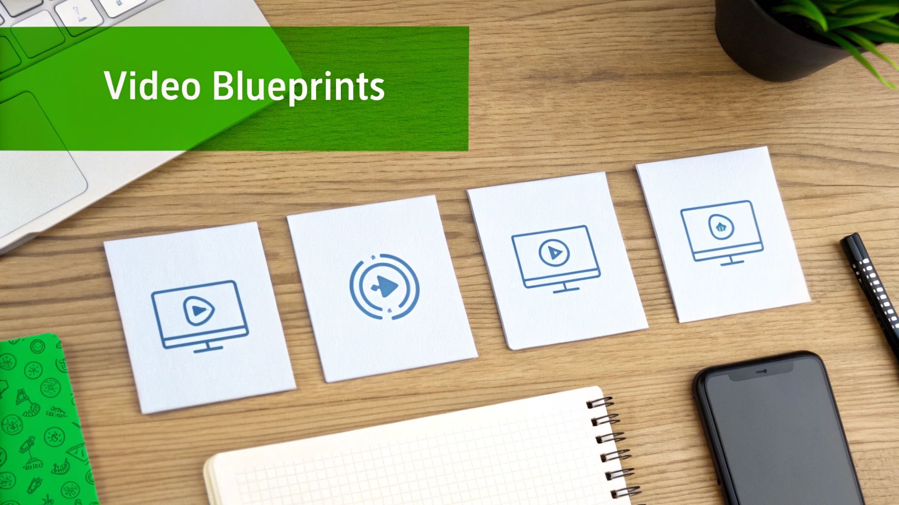 Desk with laptop, 'Video Blueprints' text, and cards displaying video icons for content strategy.