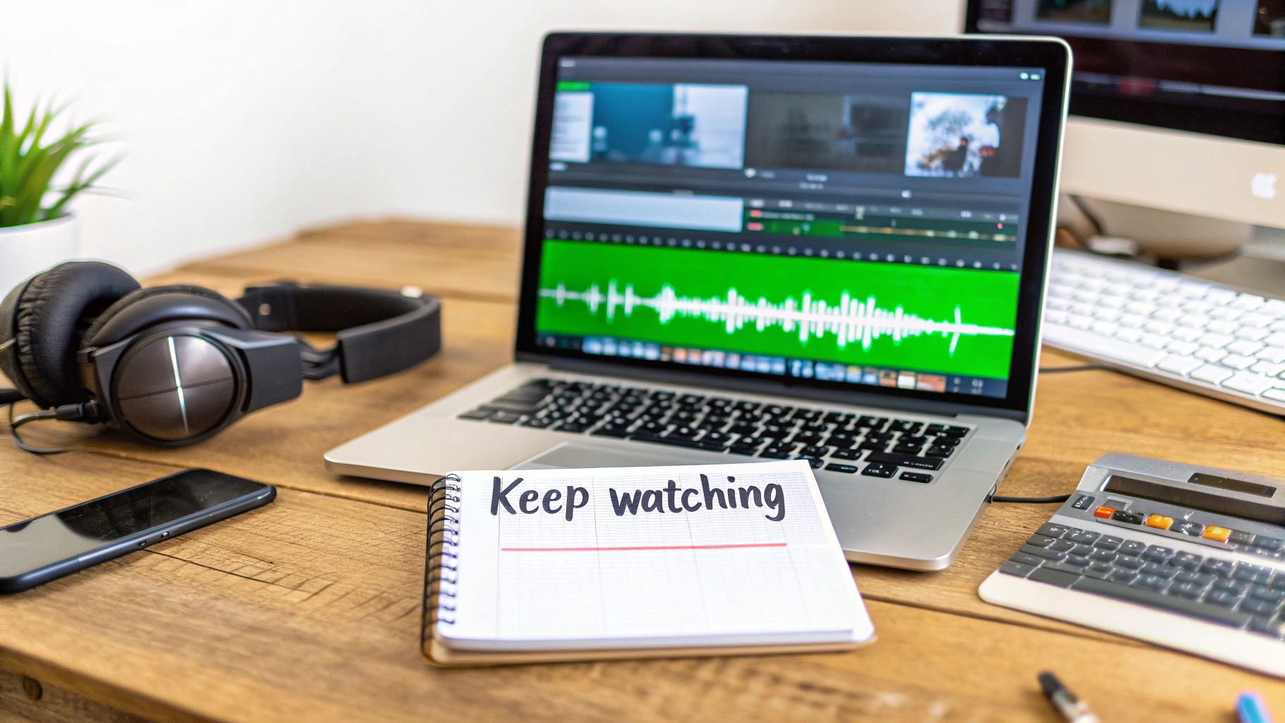 Workspace with laptop showing video editing, headphones, smartphone, and a notebook saying 'Keep watching'.