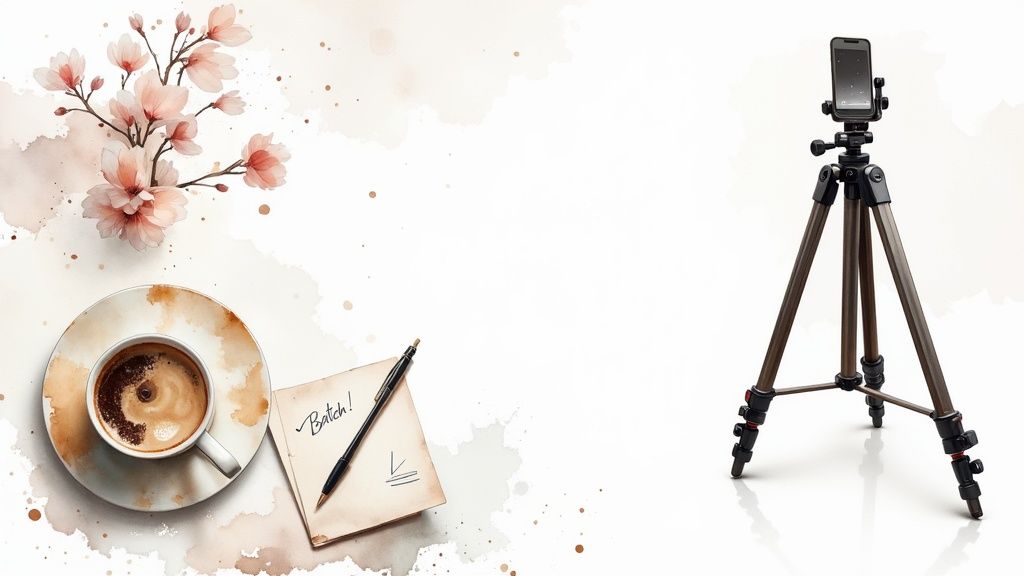 A flat lay with coffee, notebook, pen, cherry blossoms, and a phone on a tripod for content creation.