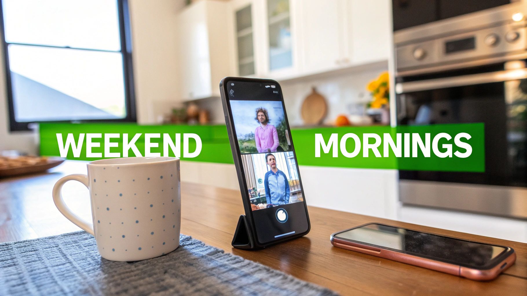 A cozy kitchen scene with a coffee mug, a video call on a smartphone, and 