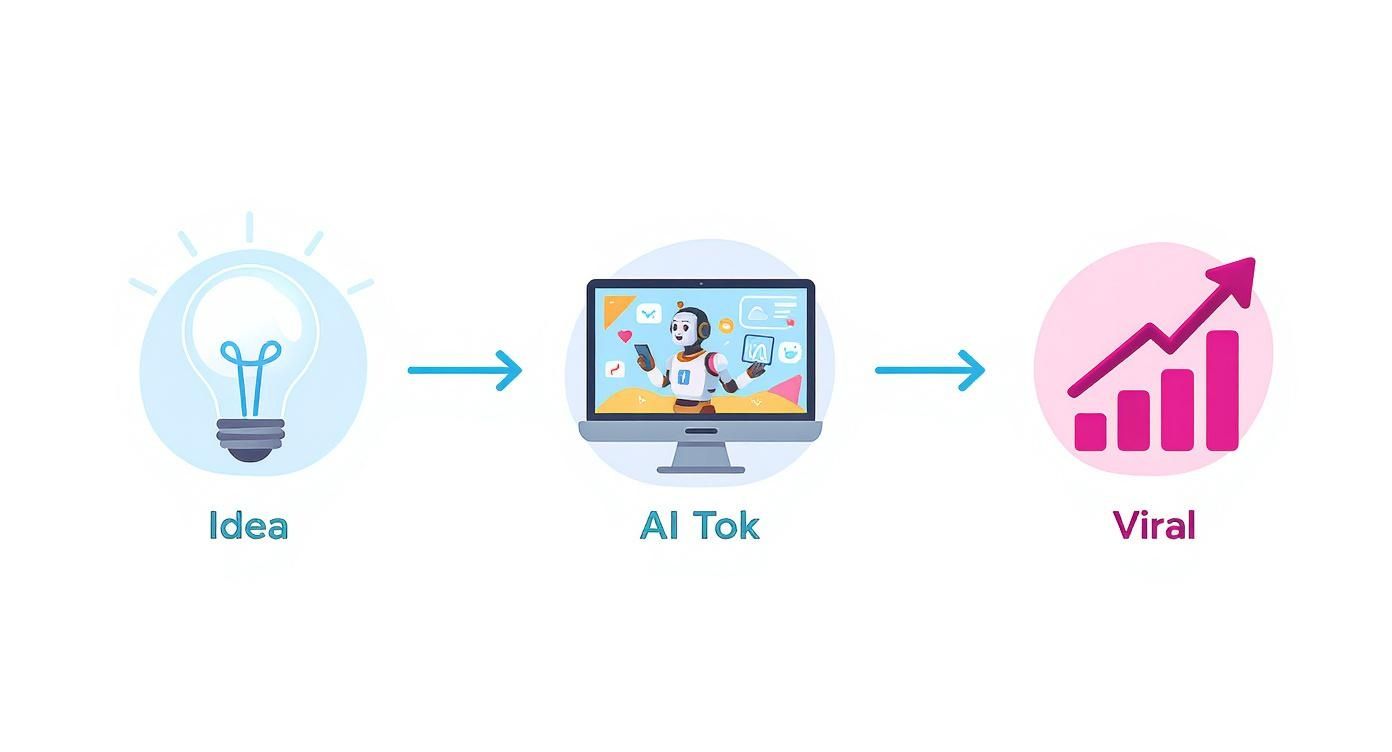 Three-step process diagram showing idea transformation through AI TikTok into viral content growth