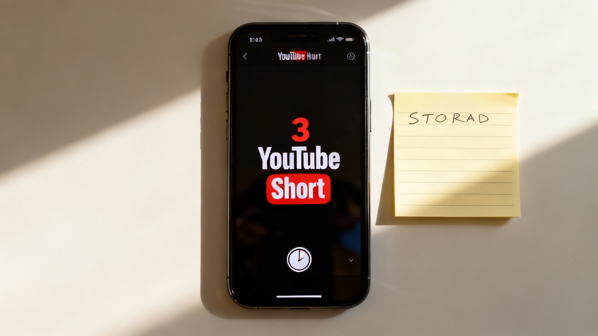 An iPhone displays '3 YouTube Short' on a black screen beside a yellow sticky note with text.