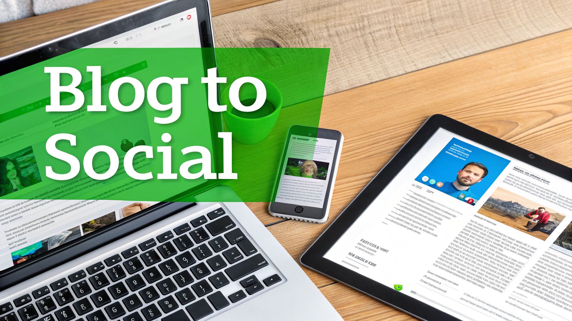 A laptop displaying a blog article next to a smartphone showing a vertical video series, with the text 'Blog to Video' overlaid.