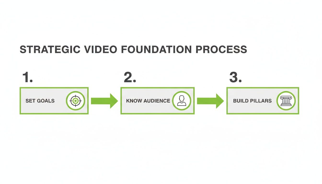 Infographic showing a three-step strategic video foundation process: set goals, know audience, build pillars.