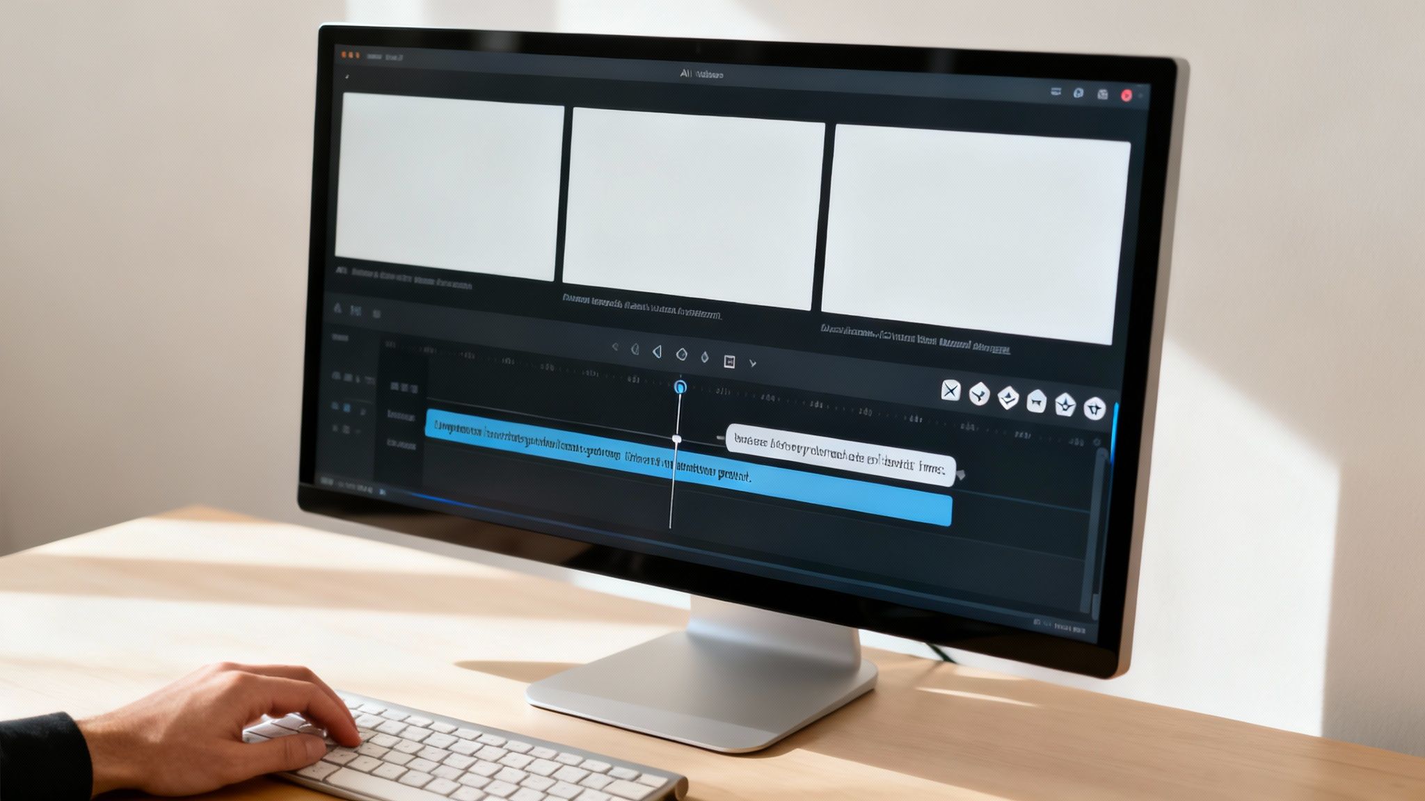 A person uses a desktop computer displaying AI content creation software with a timeline and video frames.