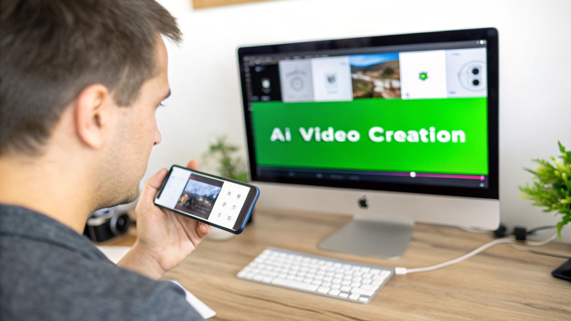 A man views a smartphone while a computer monitor displays 'AI Video Creation' software.