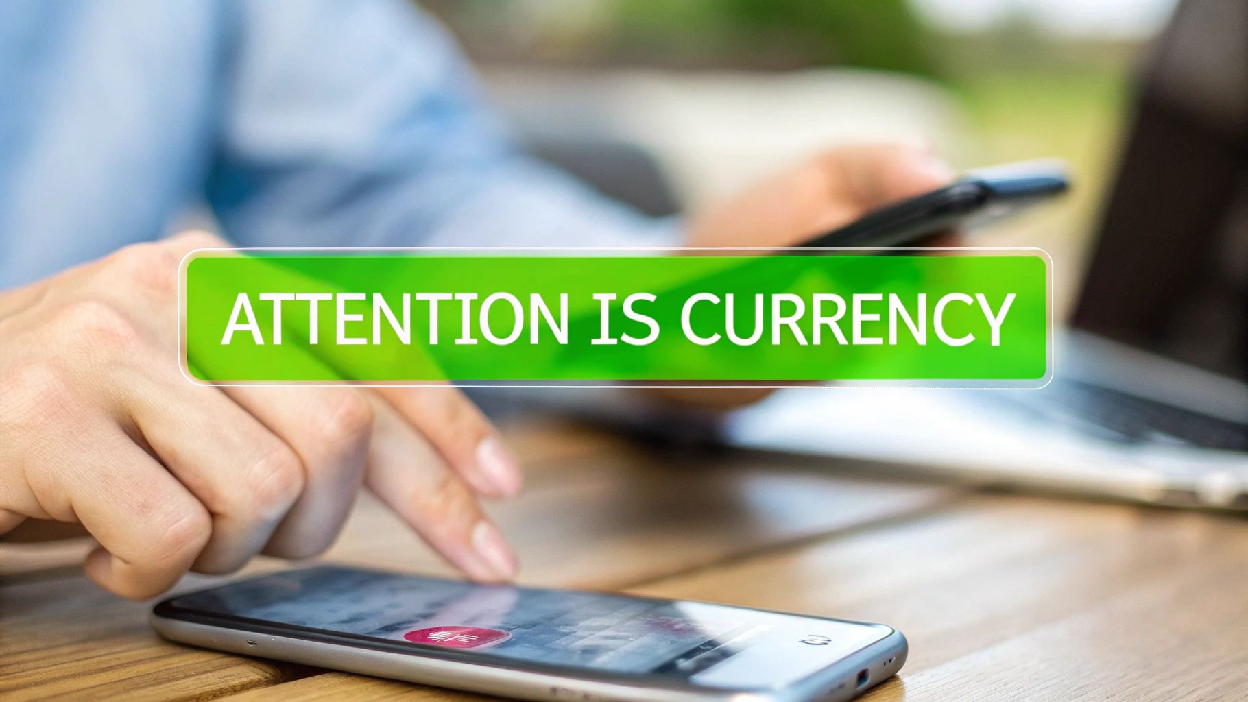 Close-up of hands using a smartphone with a green overlay stating 'ATTENTION IS CURRENCY'.