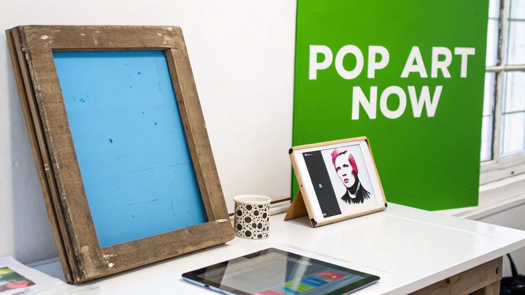 A table with pop art elements, including a screen printing frame and a 'POP ART NOW' sign.