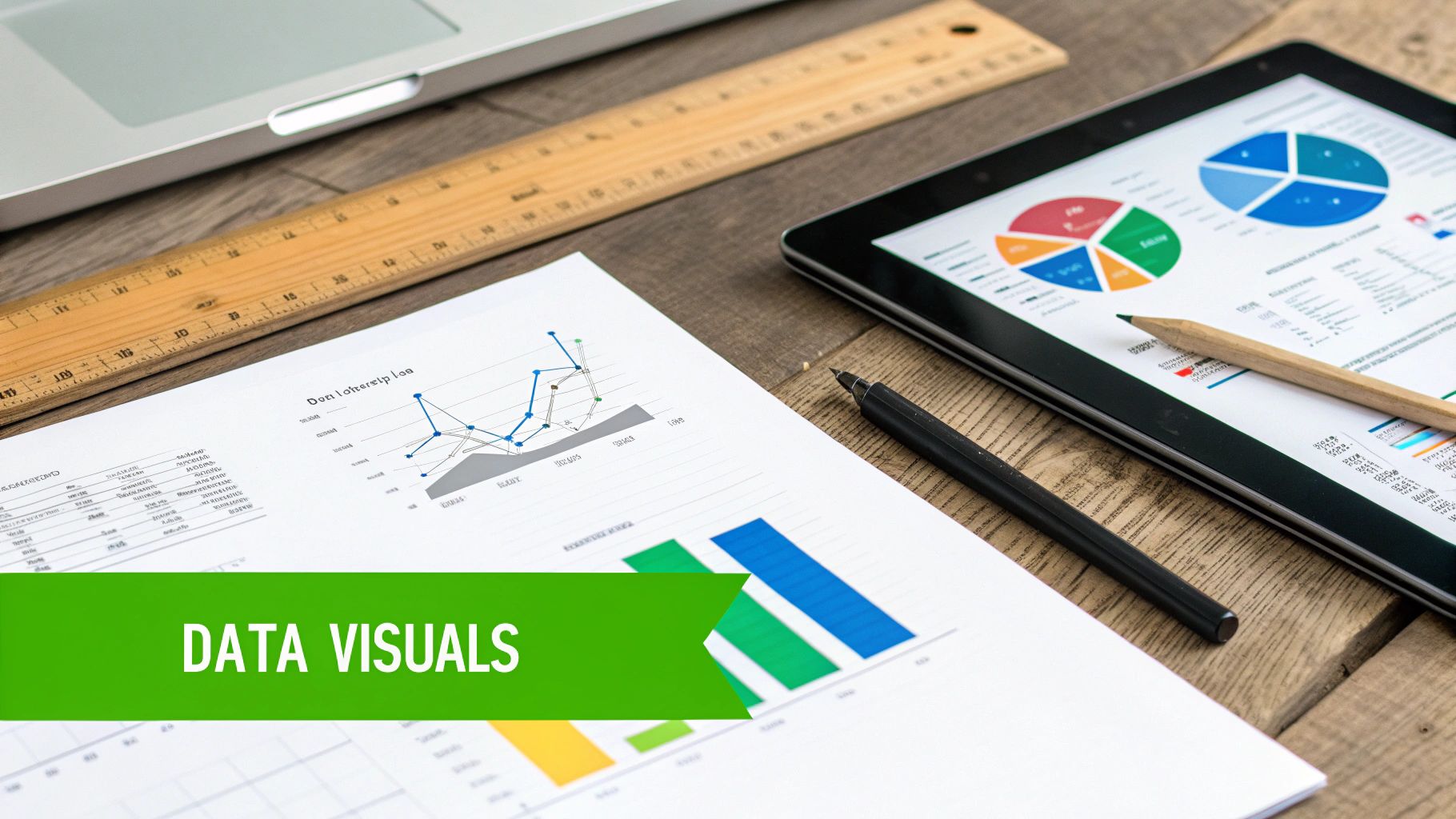 Desk setup with laptop, tablet showing data charts, printed graphs, and tools, featuring a 'DATA VISUALS' banner.