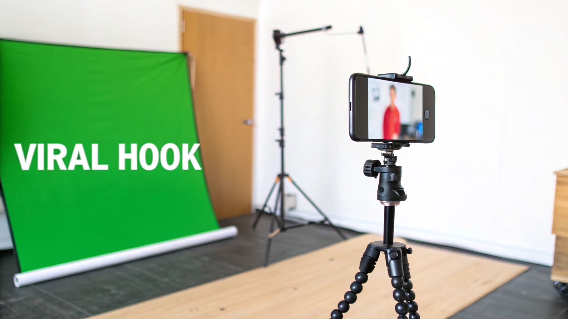 A smartphone on a tripod records a person in front of a green screen with 
