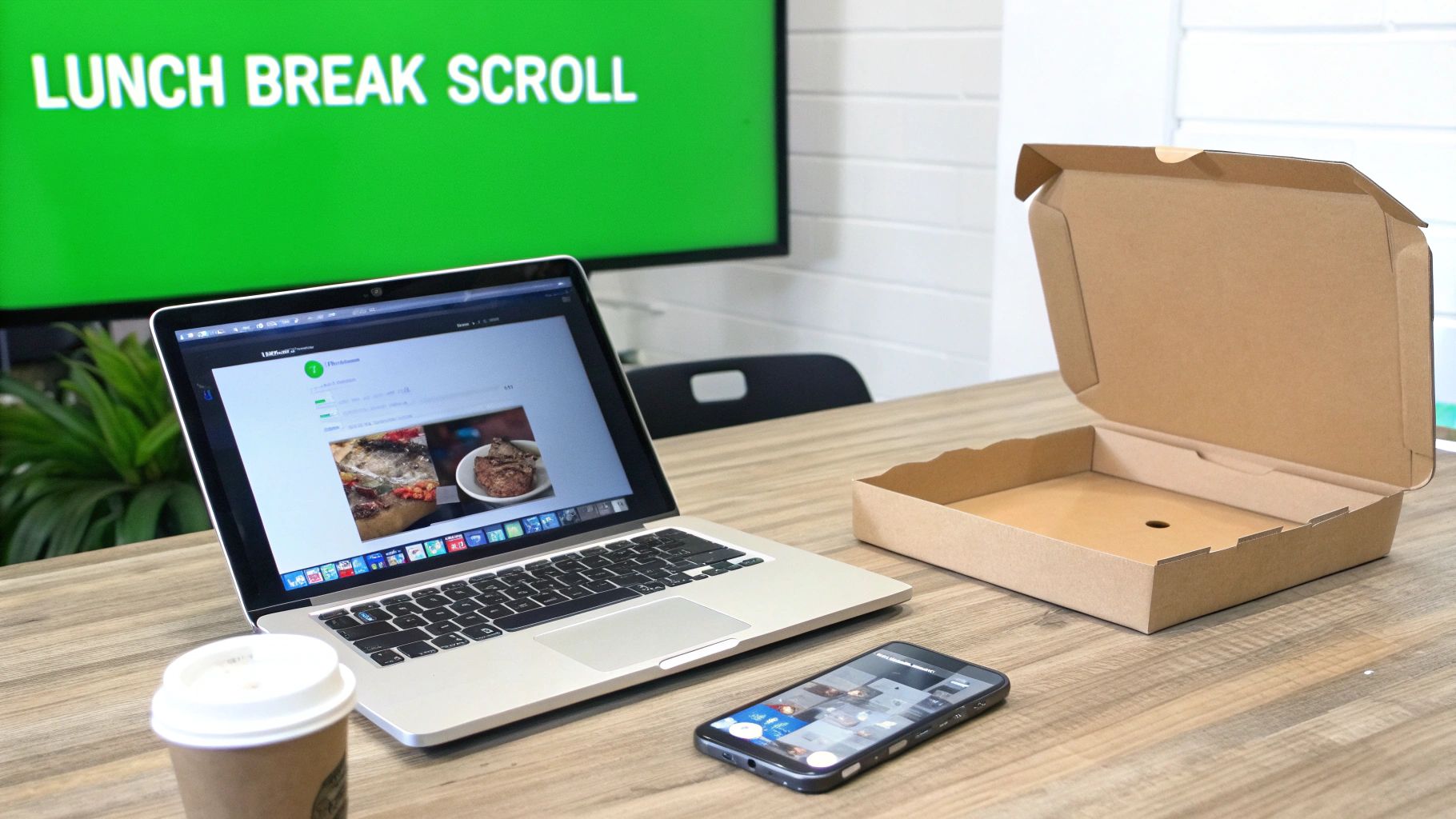 A laptop, coffee, smartphone, and open takeaway box on a wooden desk, with a 'LUNCH BREAK SCROLL' screen in the background.