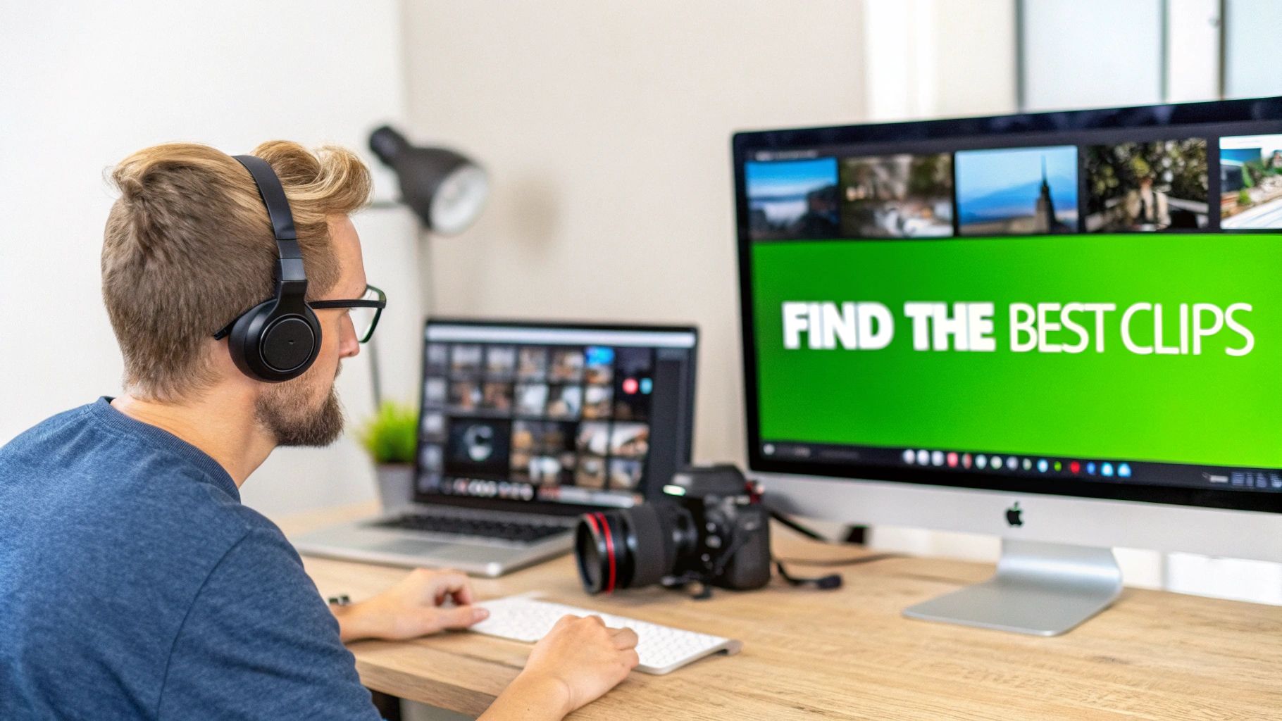 A man wearing headphones works on a video editing setup with two monitors and a camera.