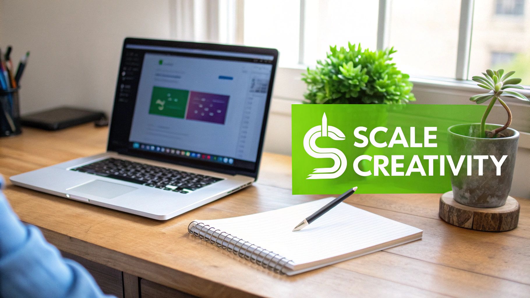 A person works on a laptop at a wooden desk with plants and a 'Scale Creativity' graphic.