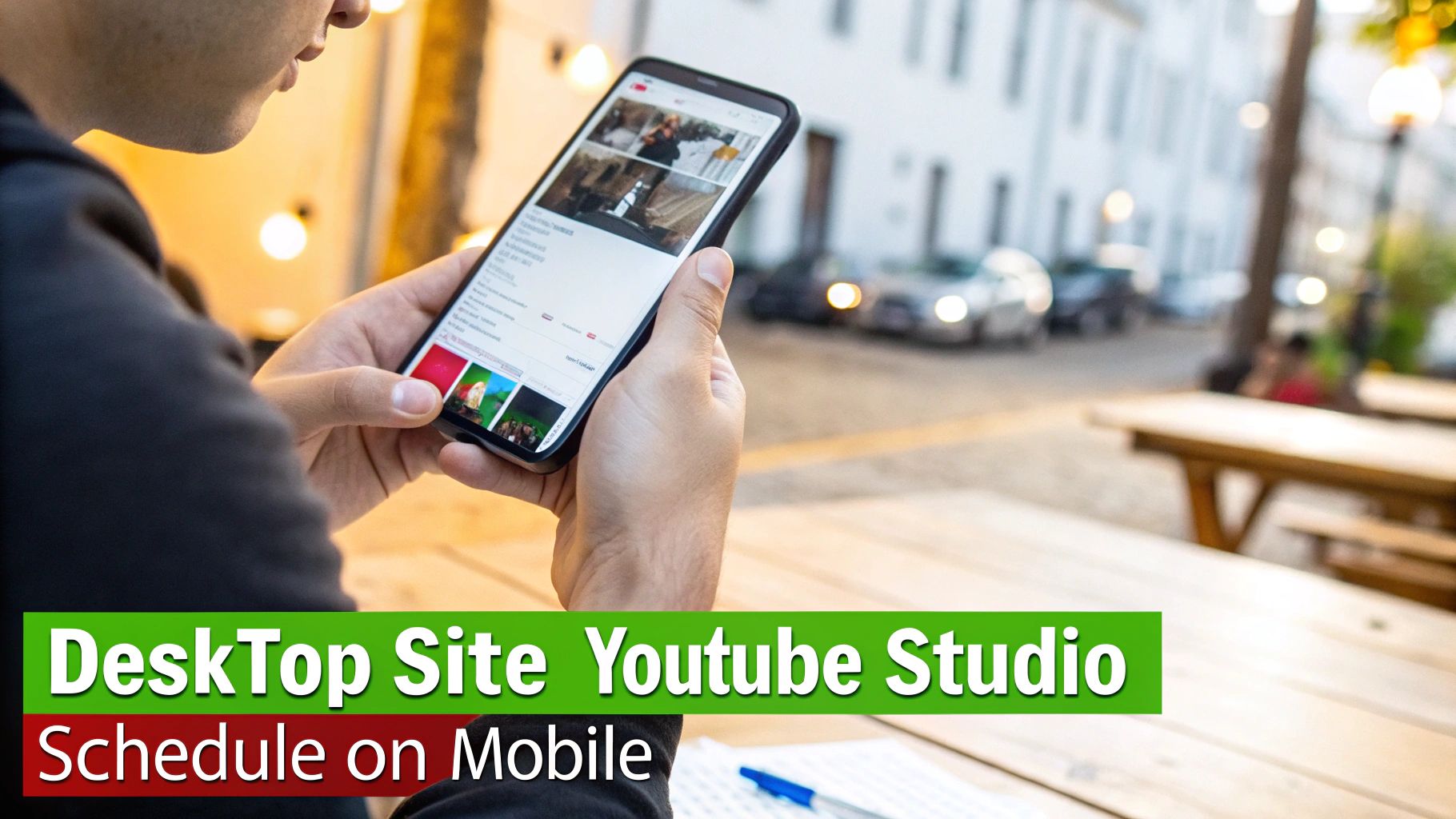 Person using a smartphone to access YouTube Studio's desktop site for scheduling content.