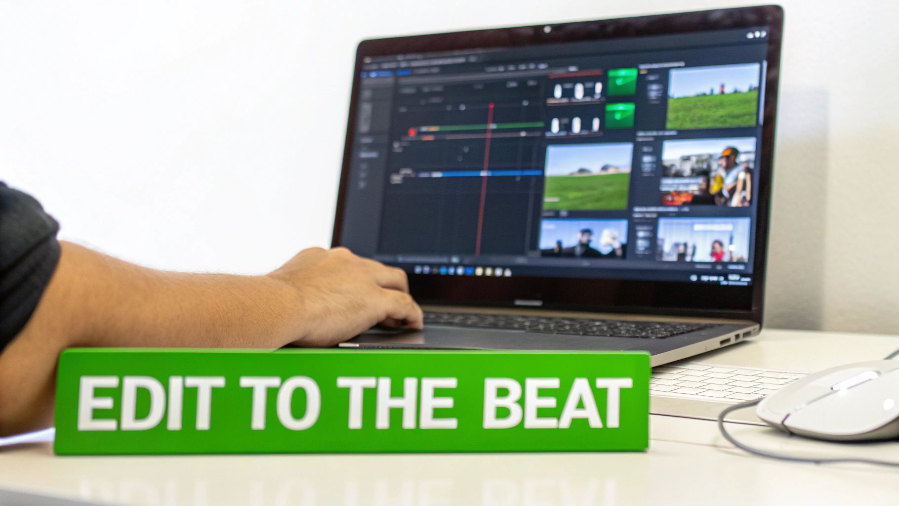 Close-up of a person editing video on a laptop next to a green 'EDIT TO THE BEAT' sign.