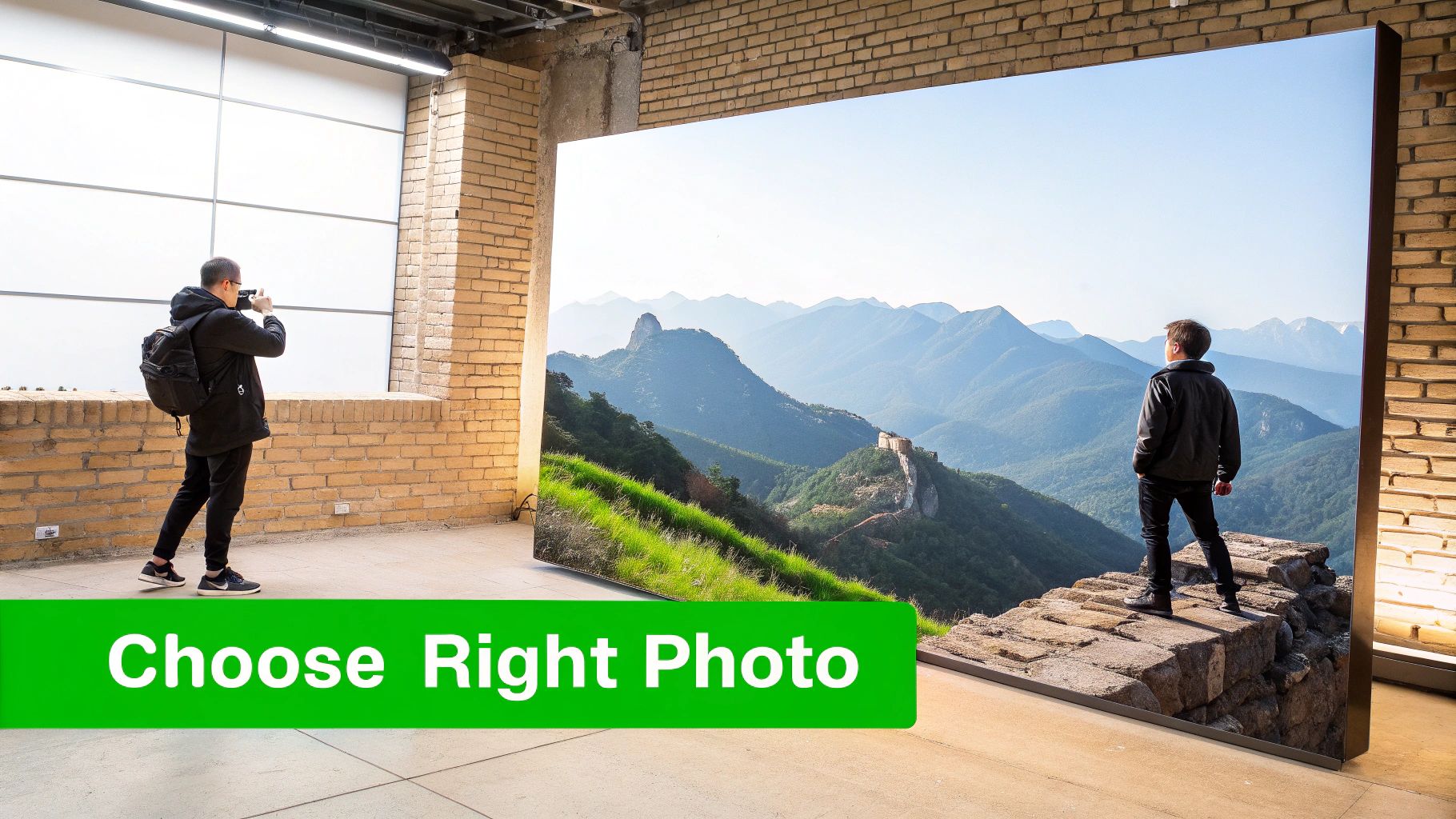 A person photographs another person admiring a realistic 3D mountain landscape mural in an indoor brick setting.