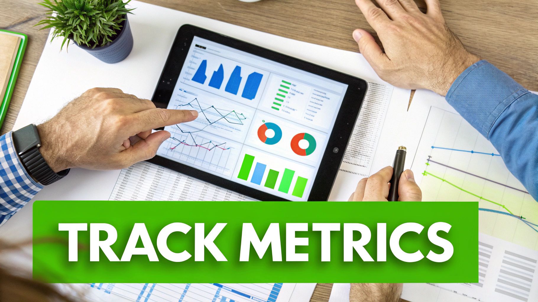Hands pointing at business metrics and charts on a tablet and paper, with 'TRACK METRICS' banner.
