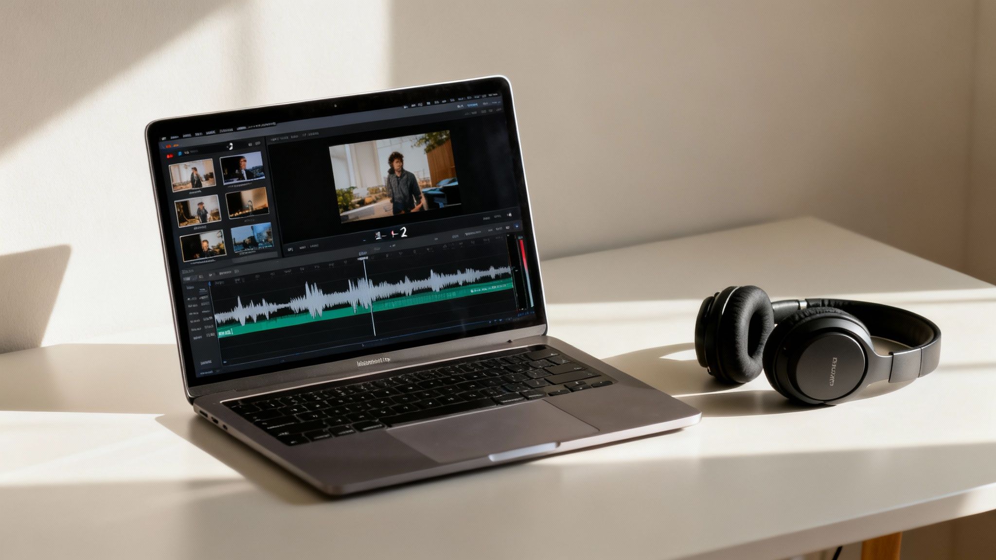 A laptop displaying video editing software with headphones on a sunlit white desk.