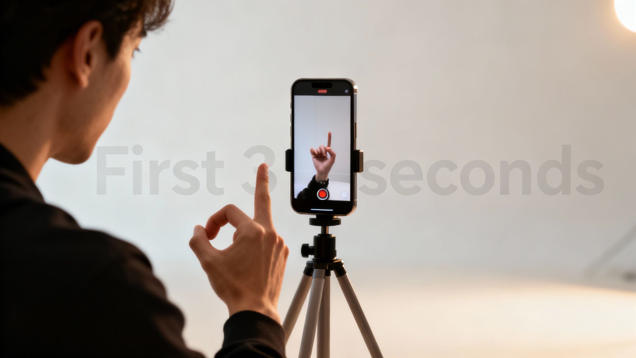 A person records a video of their hand showing gestures on a smartphone mounted on a tripod.