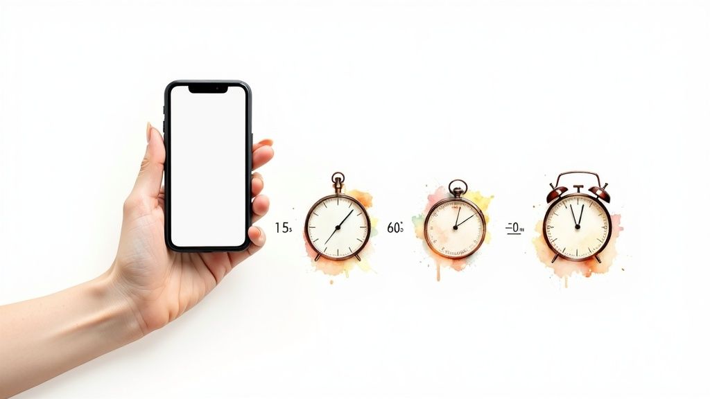 A hand holds a smartphone with a blank screen next to three clocks indicating 15s, 60s, and 0m.
