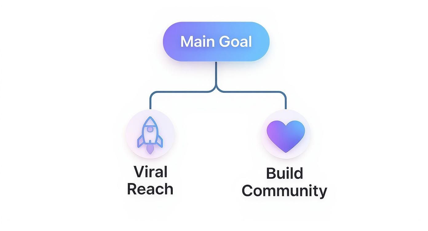 A strategic diagram showing 'Main Goal' leading to 'Viral Reach' (rocket icon) and 'Build Community' (heart icon).