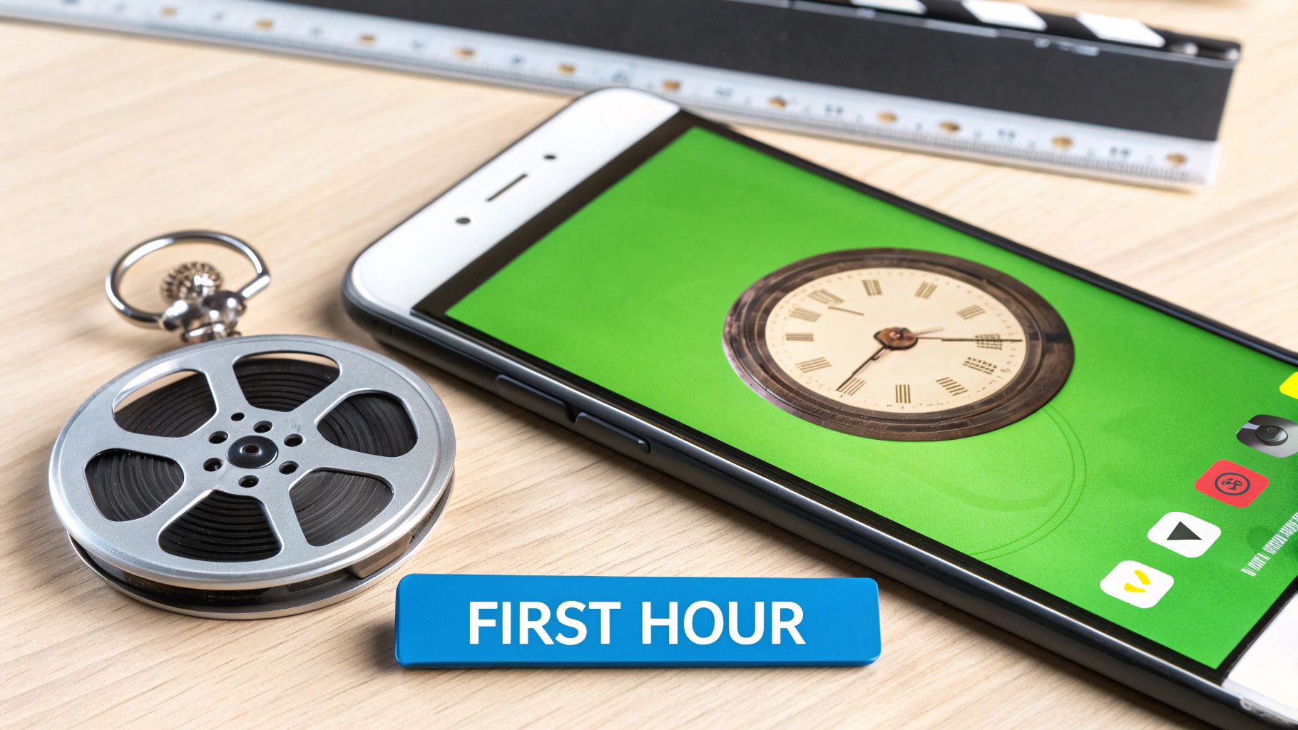 Smartphone displaying a clock and 'FIRST HOUR' button next to a film reel and pocket watch.