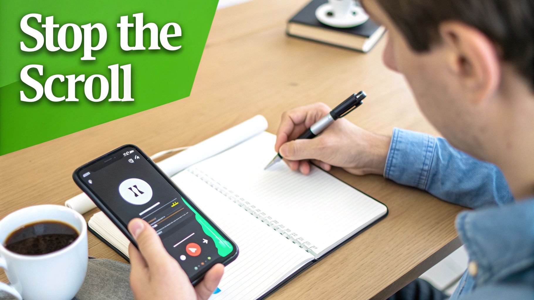 Young man at desk taking notes while holding a smartphone next to a 'Stop the Scroll' banner.