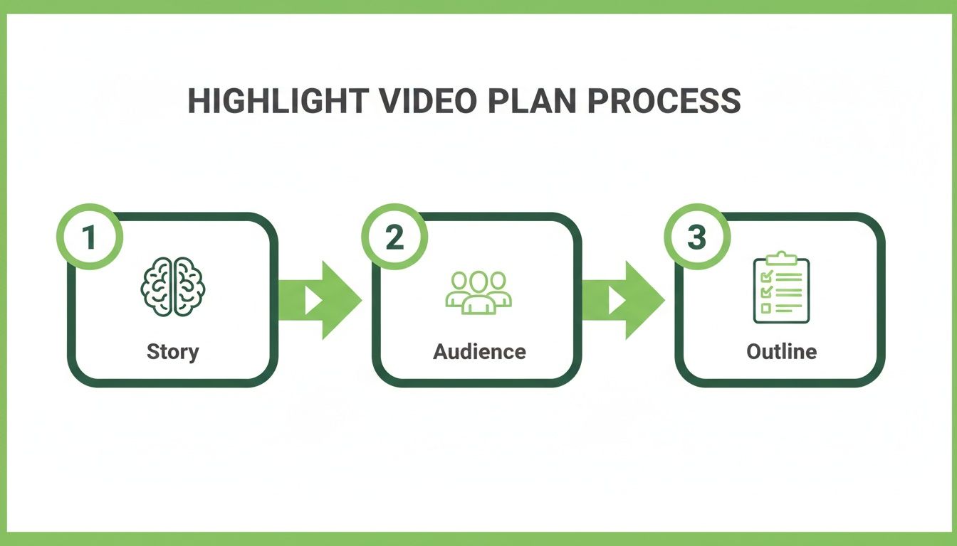 Flowchart illustrating the highlight video plan process: story, audience, and outline.