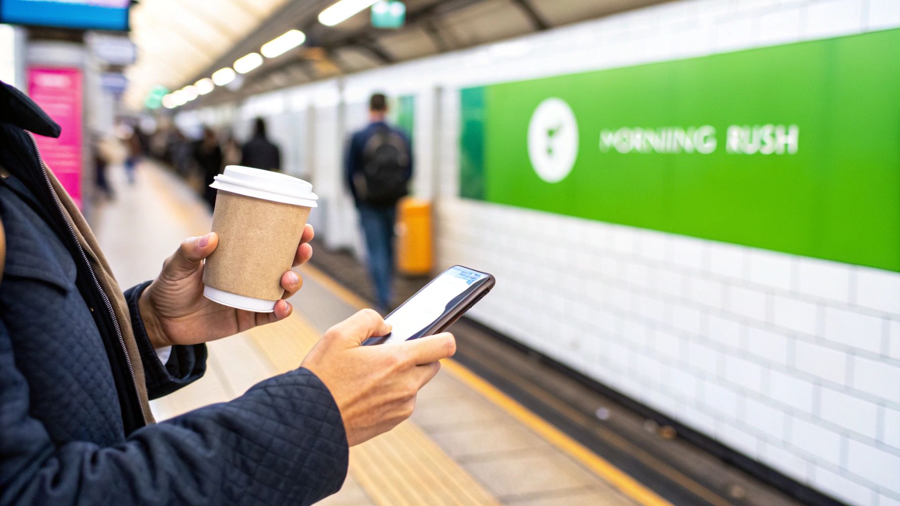 Person holding coffee and phone at a subway station with a 'Morning Rush' sign.