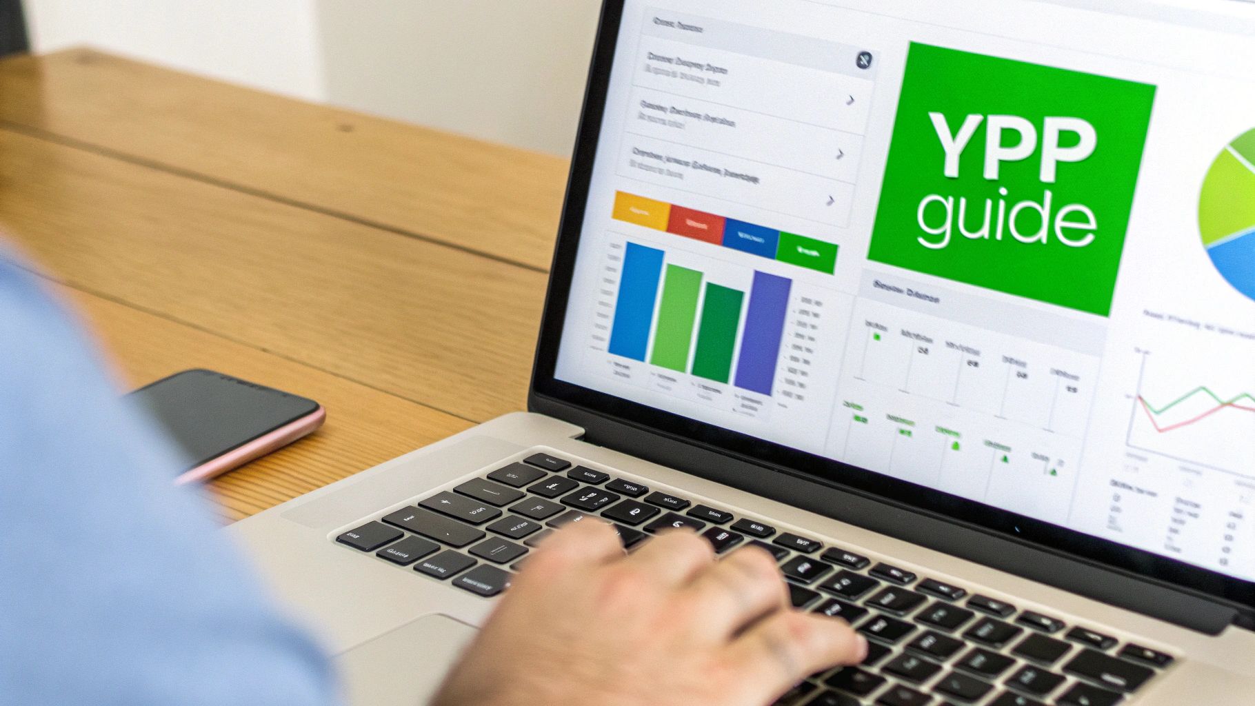 A person typing on a laptop displaying a 'YPP guide' and business analytics charts on a wooden desk.