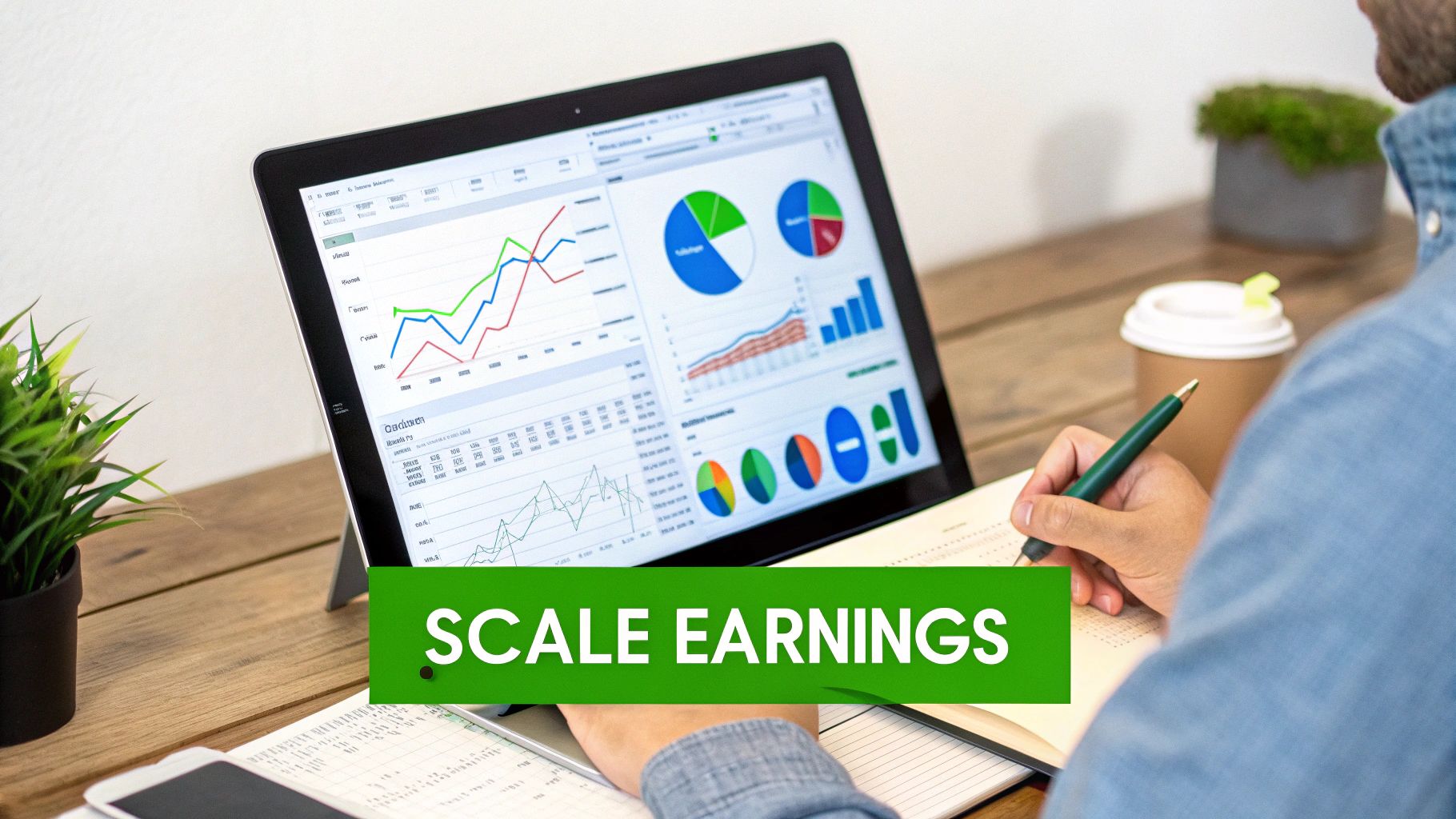 A person analyzes financial charts and graphs on a laptop screen while taking notes on a wooden desk.
