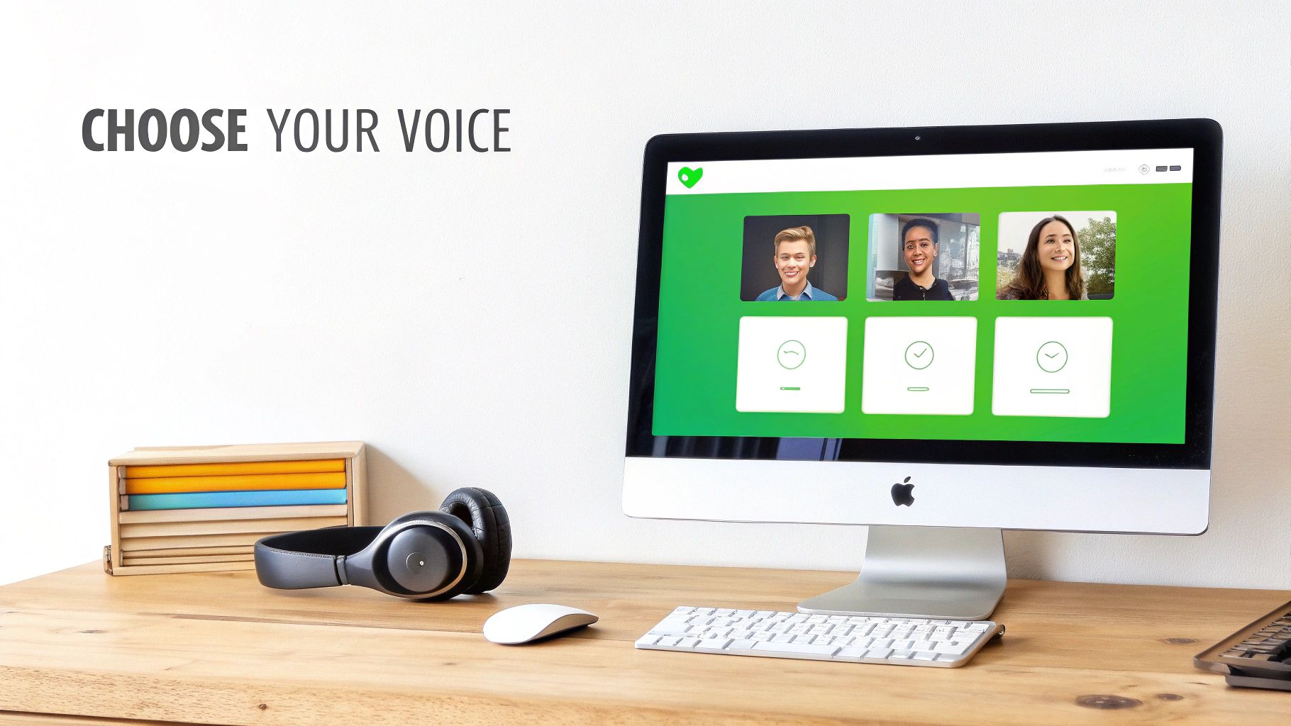 A modern workspace with an iMac displaying 'Choose Your Voice' options, headphones, and a keyboard.