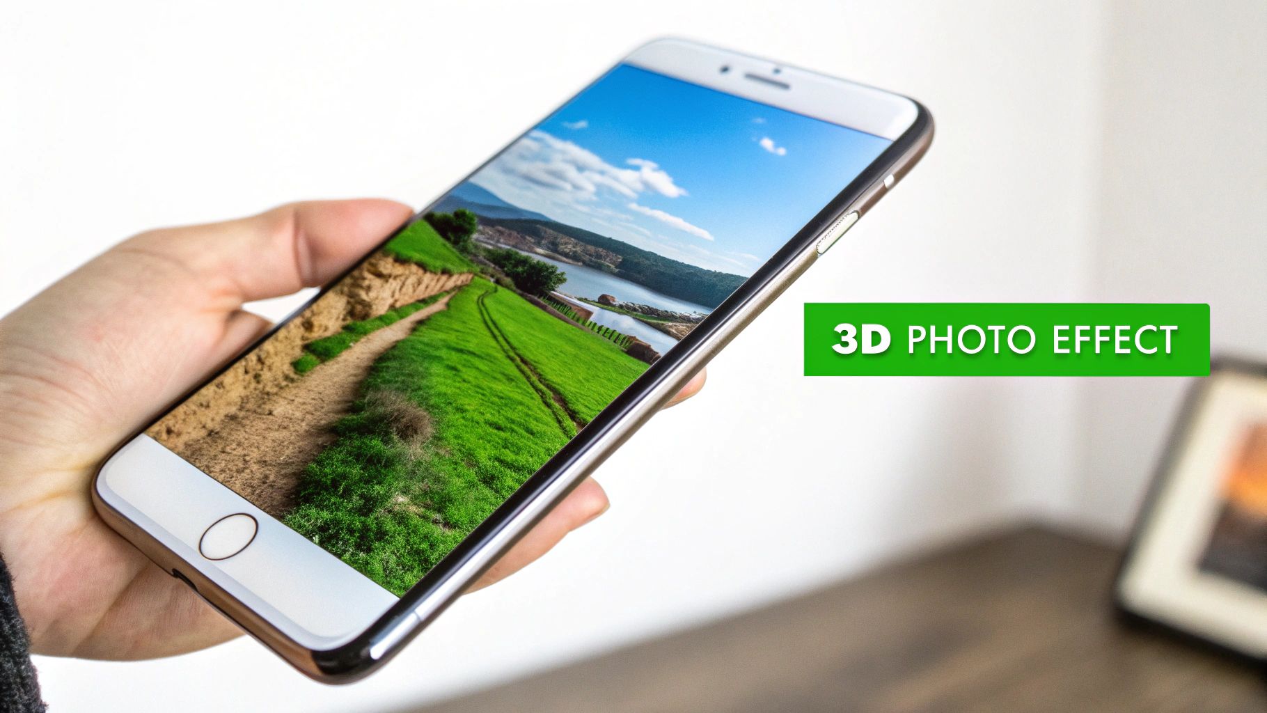 A hand holds a smartphone displaying a beautiful 3D photo effect of a scenic landscape with a path and lake.