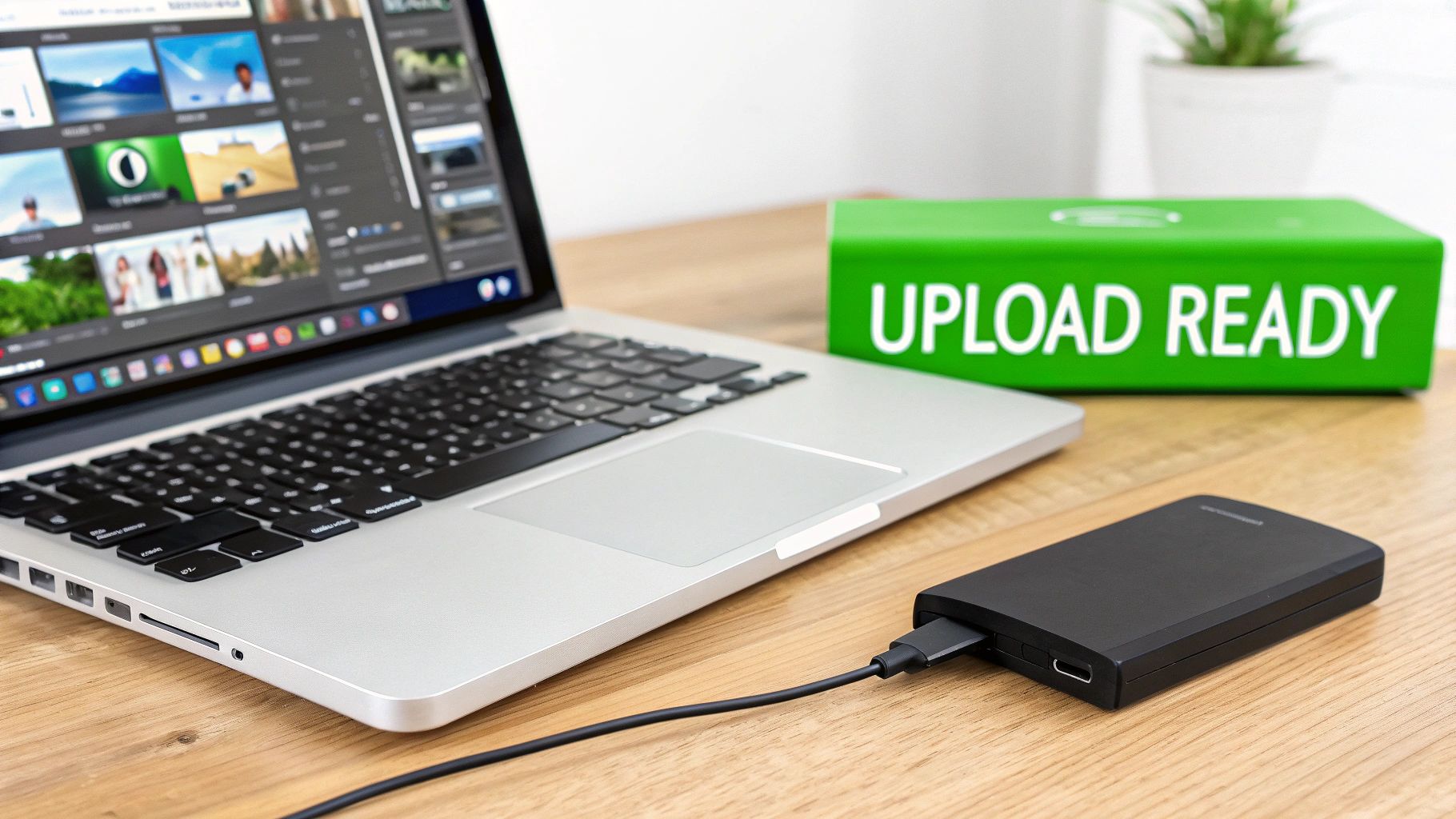 A laptop with media files, an external hard drive, and a 'UPLOAD READY' box on a wooden desk.