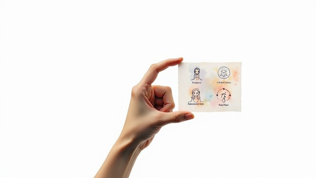 A hand holds a small paper with four hand-drawn diagrams related to health and medication against a watercolor background.