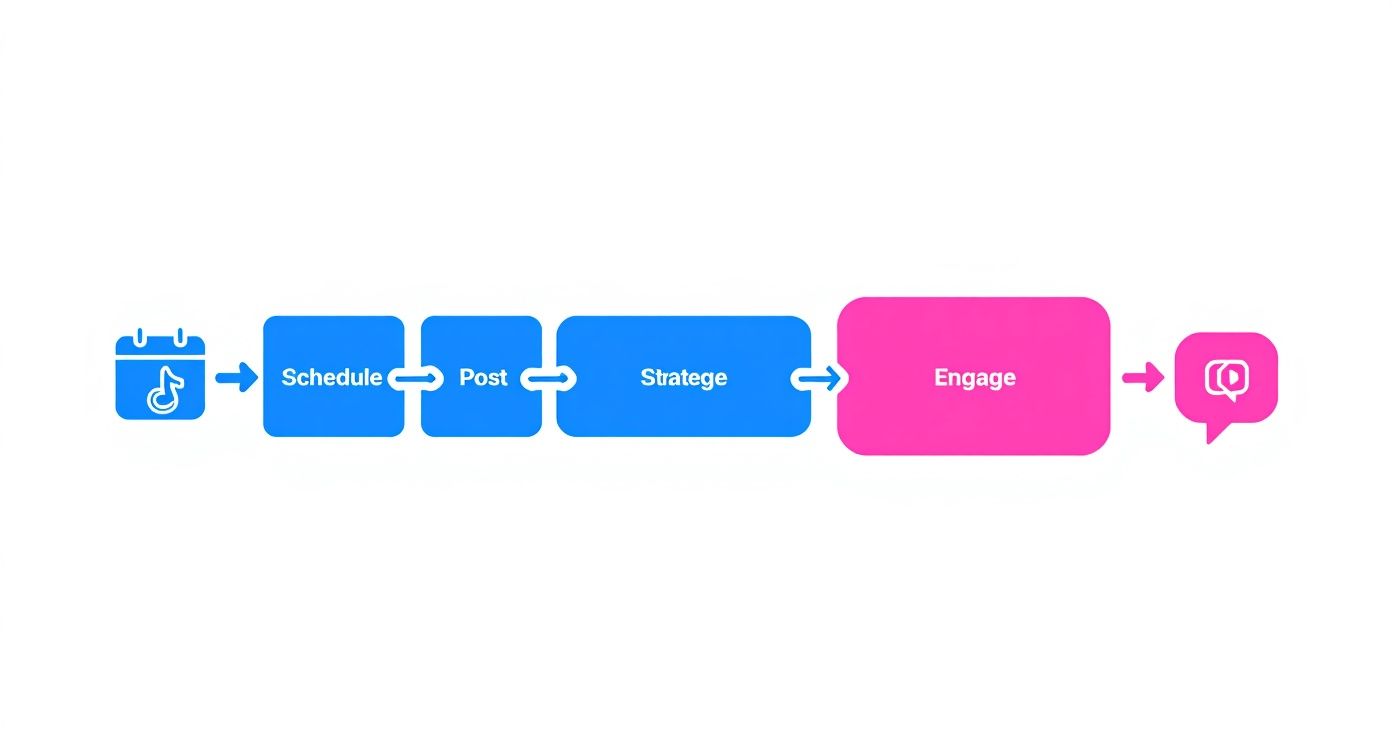 A flowchart outlining the process for social media engagement, including scheduling, posting, strategy, and engagement.
