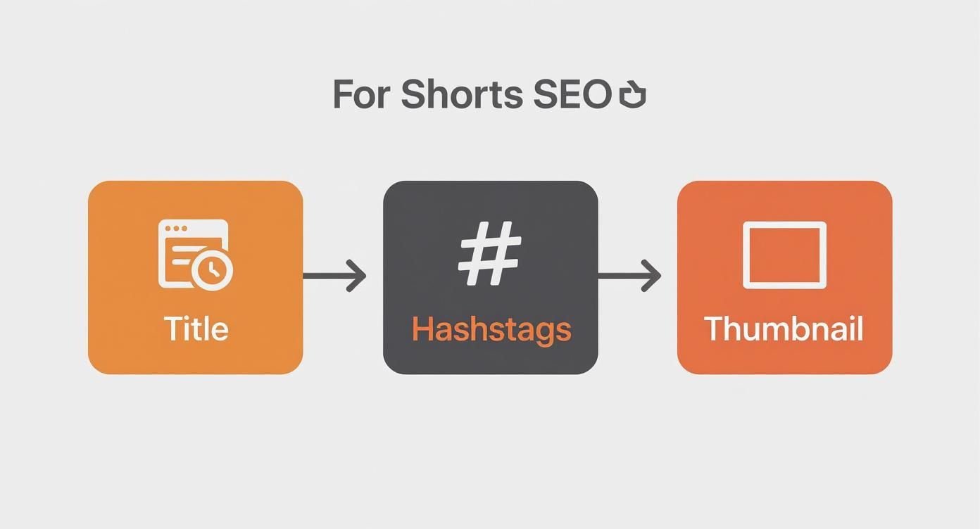 A visual guide illustrating three essential steps for Shorts SEO: Title, Hashtags, and Thumbnail.