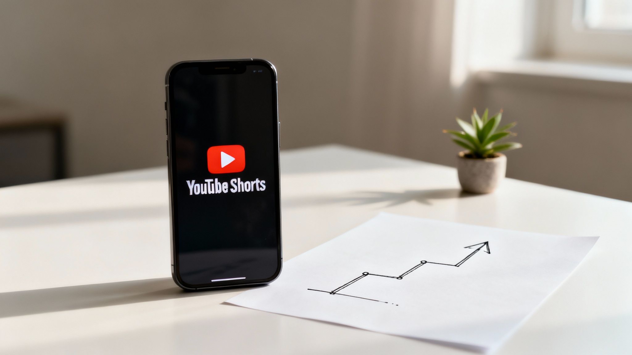 A smartphone displaying the YouTube Shorts app logo next to a paper with an upward trending graph.