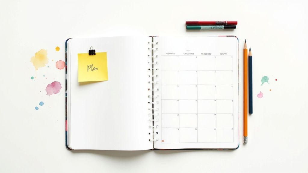 An open spiral-bound planner with a 'Plan' sticky note, markers, and pencils on a white desk with watercolor splatters.