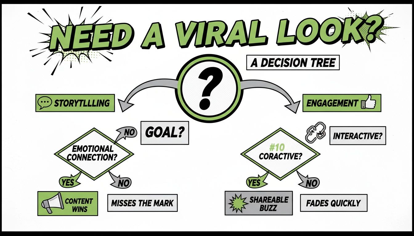 Comic-style decision tree flowchart for achieving viral content through storytelling and engagement strategies.